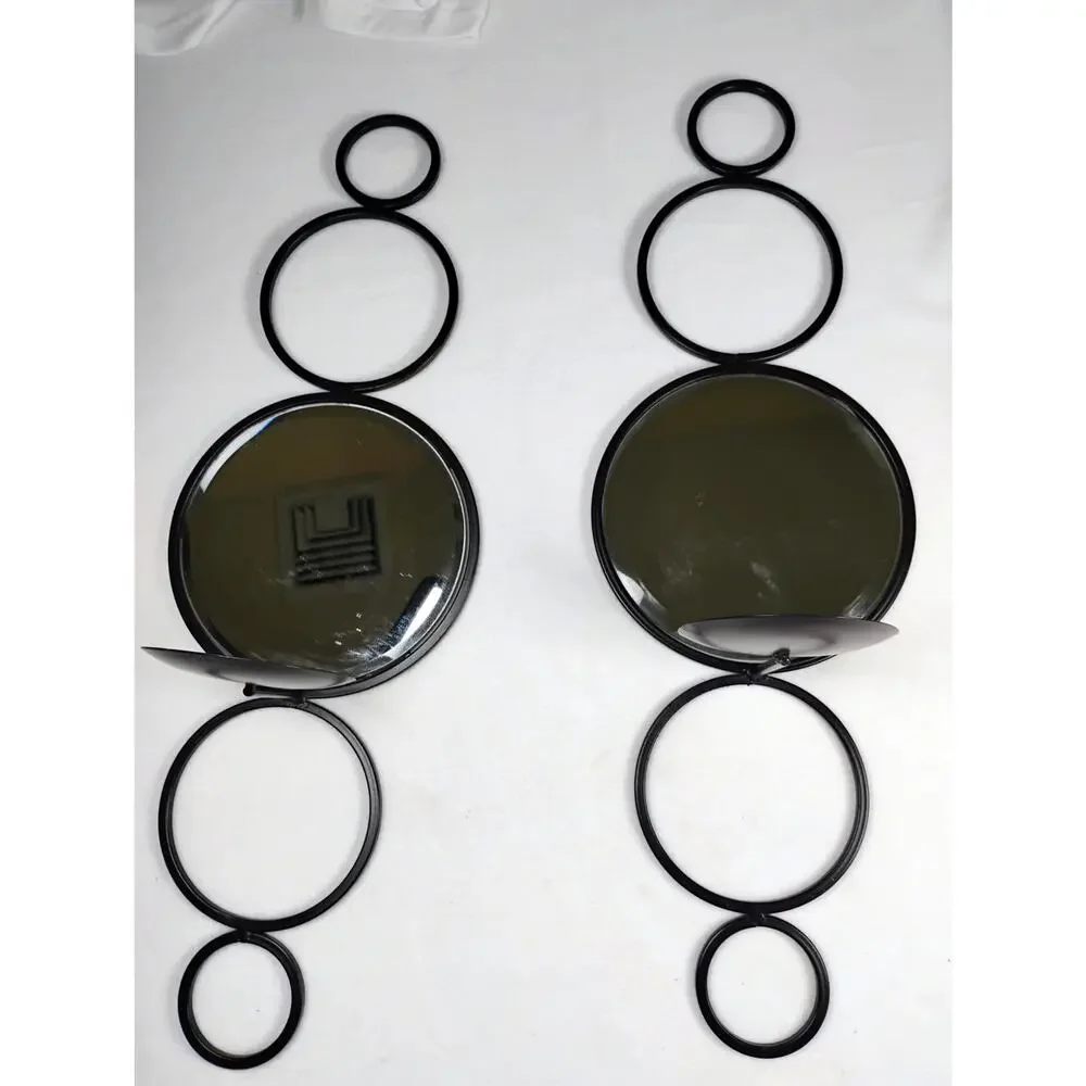 Mid Century Modern Wall Sconces Pair Black Metal Mirror Candle Holders Geometric